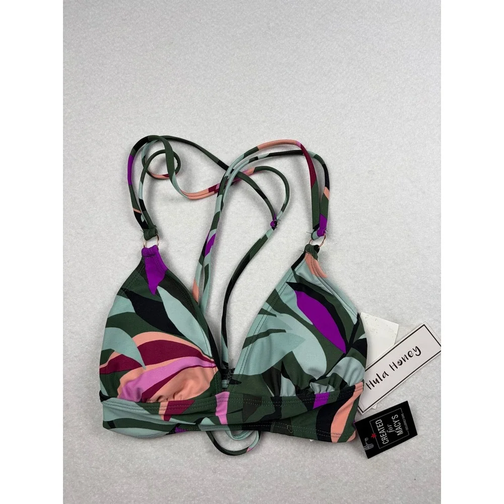 Hula Honey Womens Tropical Leaf Print Triangle Bikini Top Green Pink Small NWT